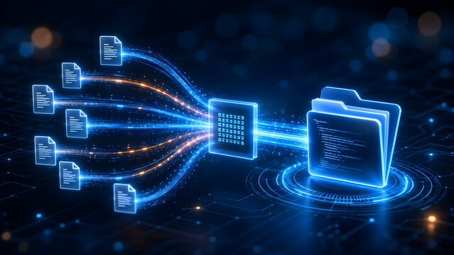 Automated data processing and digital archiving showing document streams entering a central microchip and storing in a glowing folder.