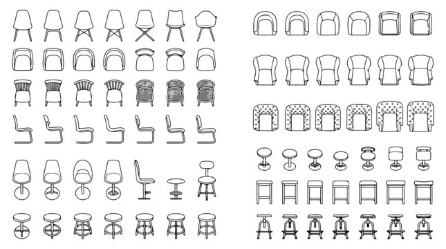 Modern furniture chair icons set, minimalist line art seating collection, interior design floor plan symbols, architectural vector elements