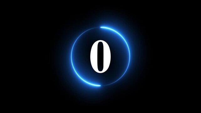 Neon blue circle countdown five to one animation with glowing light on black bg.