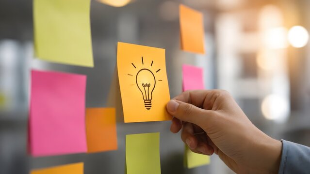 Agile planning workshop showing a hand attaching a yellow lightbulb sticky note to a glass wall during a brainstorming session.