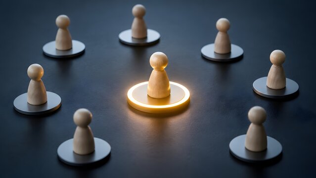 Highlighted wooden figure in the center of a circle representing leadership, talent selection and standout employee.