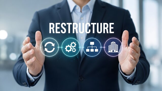 Businessman holding virtual icons for corporate restructure, digital transformation and business process optimization.