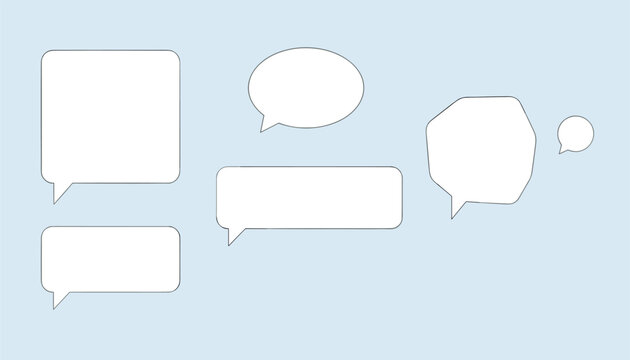Collection of six blank minimalist outline speech bubbles in various geometric shapes on a soft sky blue background.