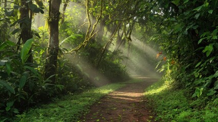 Obraz premium Sunlight rays streaming through the canopy of a lush tropical rainforest illuminate a dirt walking path surrounded by giant ferns and dense foliage during a misty morning in the wild jungle wilde