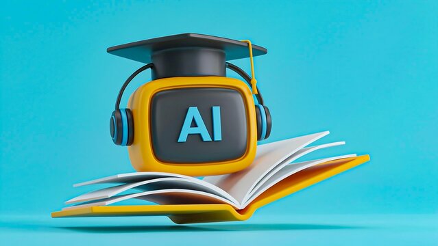 Artificial intelligence education concept with graduation cap and open book