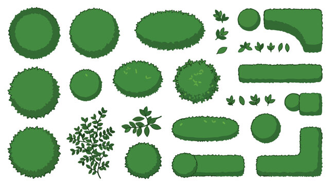 Green garden bushes and topiary shrubs set, flat vector landscape elements for architectural site plans, manicured hedge and plant collection