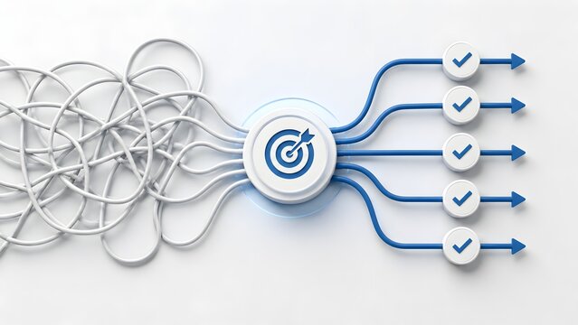 Process optimization concept showing chaotic cables passing through a target hub into organized lines with checkmarks.