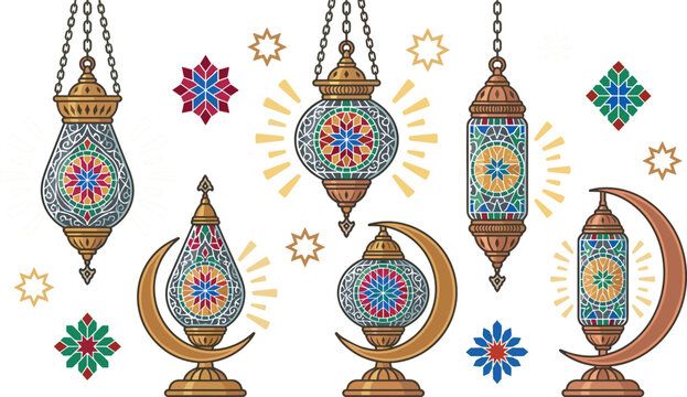 Ramadan Fanous Lantern Vector Icon Set with Arabesque Mosaic Hanging Lamps Crescent Moons Stars and Geometric Ornaments for Islamic Holy Month Designs