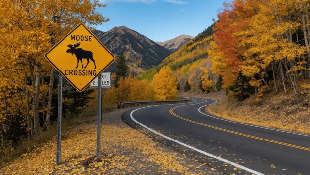 A winding mountain asphalt road travels through a colorful autumn forest with yellow aspen trees near a large yellow moose crossing warning sign under a bright blue sky during the fall season
