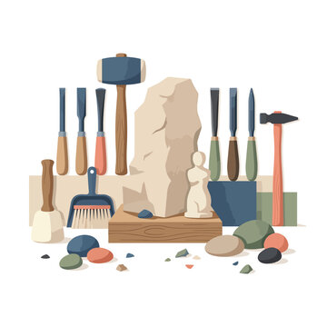Professional stone carving tools and sculpture equipment set with chisels and hammers.