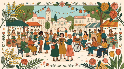 Vibrant illustration of a busy outdoor flower market with diverse women shopping in a charming town square. © Akun