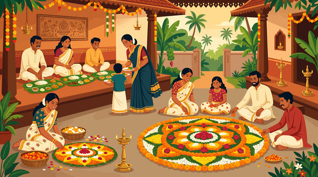 Traditional Indian family celebrating Onam festival with Pookalam flower rangoli and Sadya feast in Kerala.