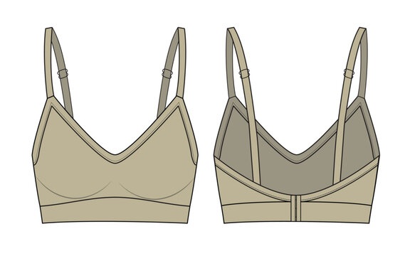 Push up lounge bralette front and back view vector mockup template technical drawing.