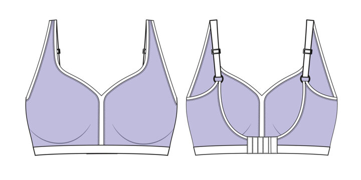 Strappy sports bras front and back view design technical flat sketch vector mockup template.