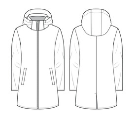 Hooded parka jacket front and back view technical flat sketch vector mockup illustration. © Apparel Design