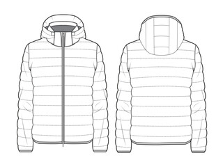 Puffer jacket front and back view technical flat design vector mockup template. © Apparel Design