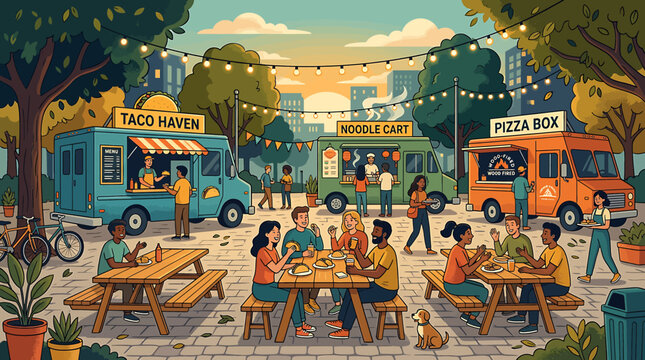 Vibrant outdoor food truck festival with people dining at picnic tables under string lights at sunset.