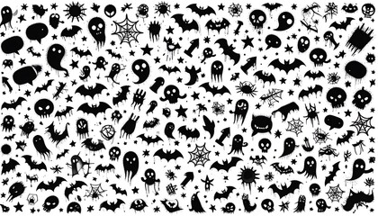 Fototapeta premium Halloween pattern with pixel art ghosts, skulls, bats, spiders, and stars, black and white graphic elements for spooky holiday design