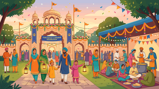 Traditional Sikh Family Celebrating Vaisakhi Festival at Gurdwara with Community Kitchen and Decorations.