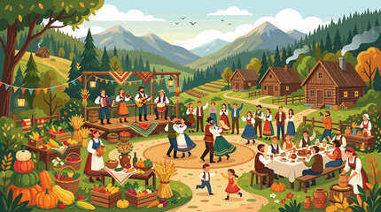 Traditional Village Harvest Festival Celebration with Folk Music Dancing and Outdoor Feast in Mountain Valley. © Supra
