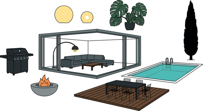 Modern Backyard Living Vector Elements Set with Glass Pavilion, Swimming Pool, Patio Dining, BBQ Grill, Fire Pit, and Monstera Plant Icons for Landscape Designs