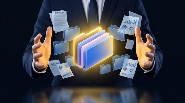 Document Management System DMS with Automated Filing Technology. Businessman Holding Documents and Folder Icons for Digital Organization