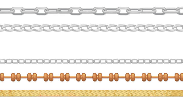Horizontal borders featuring various silver chains, wooden bead necklace, and golden rope on a white background.