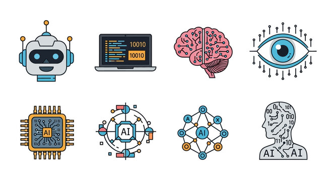 Artificial Intelligence and Technology Icons: Robot, Computer Code, CPU Chip, and AI Network