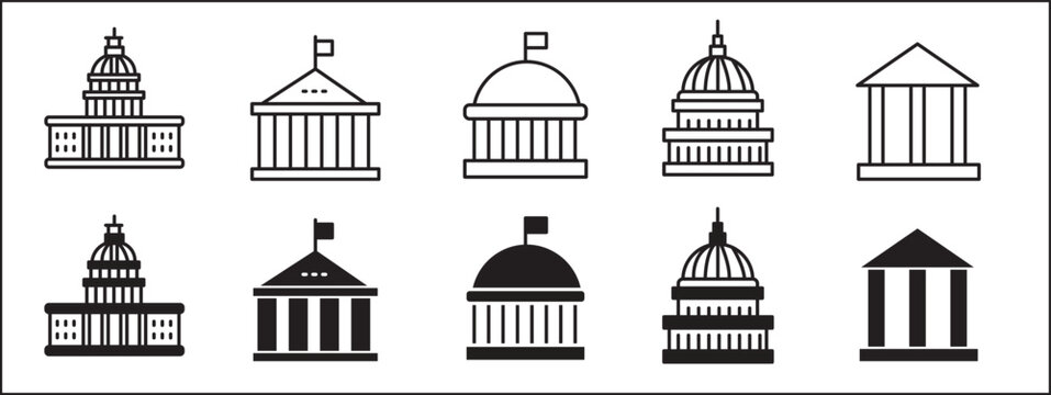 Municipality Icon Set, City Council Building and Local Government Administrative Vector Symbols