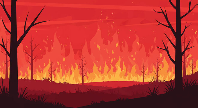 Raging forest wildfire with burning trees landscape vectors
