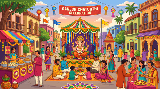 Vibrant Ganesh Chaturthi Celebration Illustration with People Praying in a Colorful Indian Street Market.