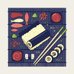 Japanese sushi set illustration with maki rolls nigiri sashimi and chopsticks on bamboo mat. © Akun