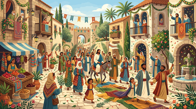 Jesus Christ riding a donkey into Jerusalem during the triumphal entry on Palm Sunday.