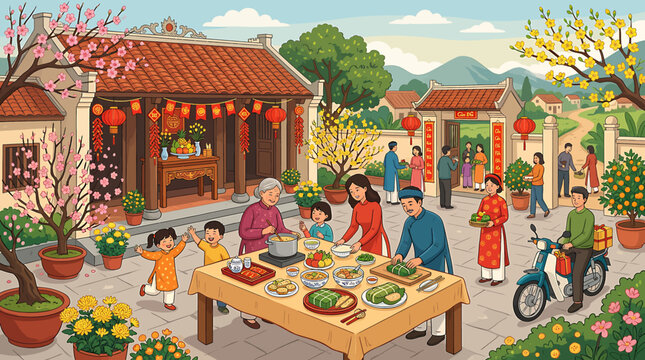 Vietnamese family celebrating Lunar New Year Tet holiday with traditional food and decorations in a rural village.