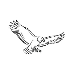 Naklejka premium Bald eagle banking through air on isolated white background featuring sharp monochrome line details for wildlife conservation