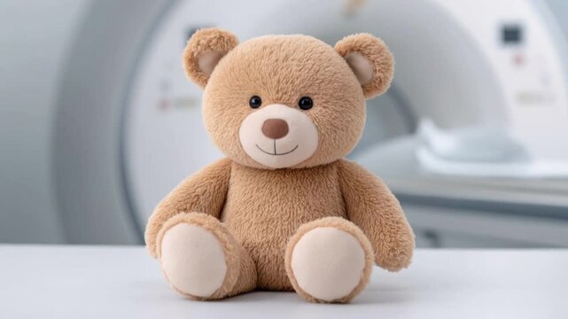 Cute brown teddy bear sitting in front of medical scanner machine