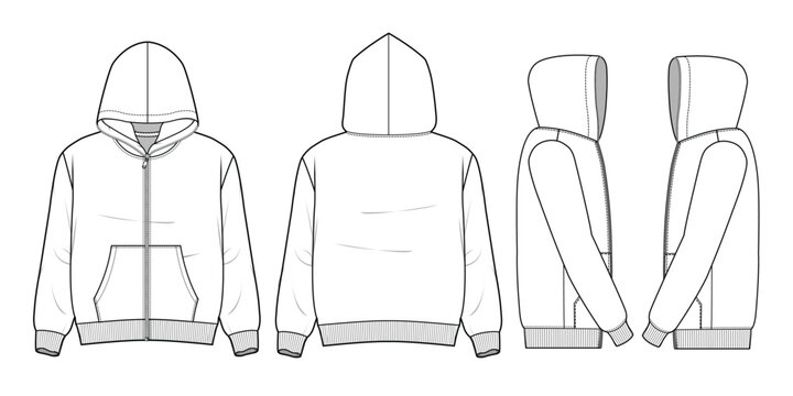 Full zip hoodies front, back and side view vector mockup template technical technical line drawing.