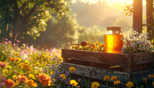 Jar of honey on wooden tray in a field of flowers sunny day