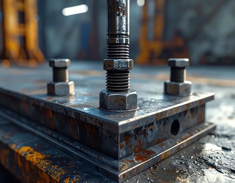 Close-up of Industrial Metal Threaded Rod with Nuts Bolted onto a Rusty Steel Beam.
