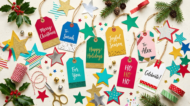Colorful Christmas gift tags, holiday decorations, festive stars, greenery
