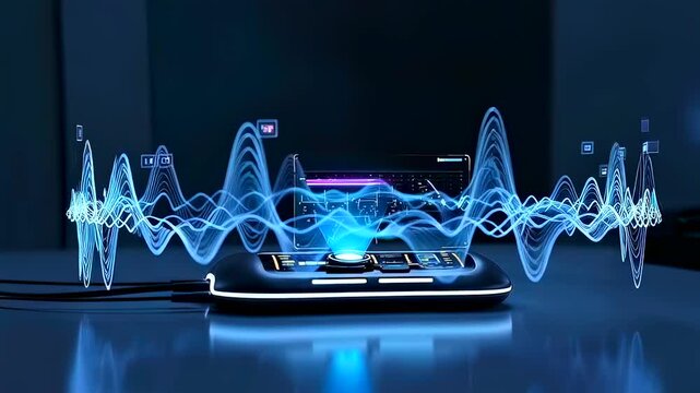 smartphone projecting blue holographic audio waves above screen, animated frequency peaks and floating equalizer visuals, glossy tabletop reflection and ambient studio lighting, modern media