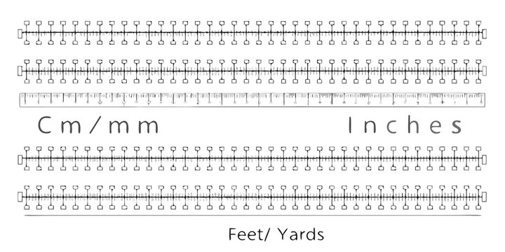 Reference scales showing centimeters millimeters inches and feet on white