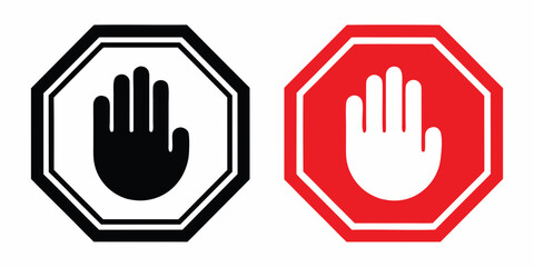 Octagonal Stop Signs With Hand Symbols Black And Red Versions © Piku