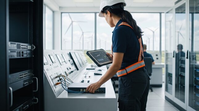 Female technician in safety gear operating control panel with tablet in wind farm monitoring room