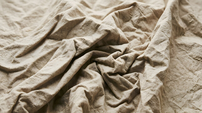 Wrinkled beige fabric texture, crumpled linen background, natural fiber cloth, soft wrinkled material