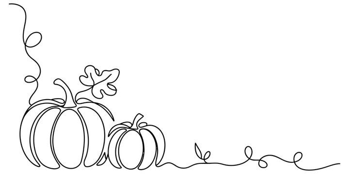 Continuous line drawing of two pumpkins with leaves and vines Vector, illustration