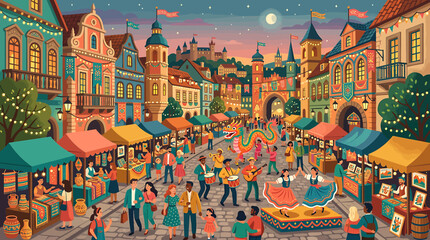 Vibrant European Old Town Square Illustration with Busy Night Market and Festive Crowd. © Saka