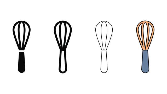 Collection of four different illustrations of kitchen whisks representing various styles and levels of detail for culinary use