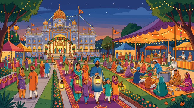 Vibrant Illustration of a Sikh Festival Celebration at a Golden Gurdwara Temple with Crowds and Food Stalls.