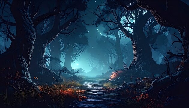 Pixel art spooky forest path illuminated by moonlight, dark trees, mystical glow, atmospheric, eerie landscape for game assets or digital art